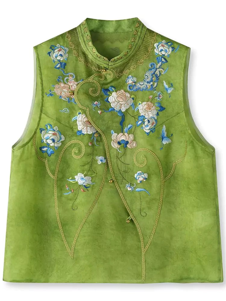 Chaleco tradicional chino bordado de satén de organza verde para mujer