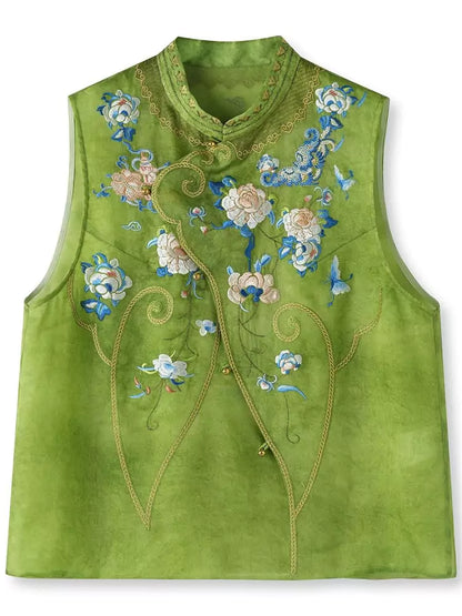 Grüne, bestickte Weste aus Organza-Satin im traditionellen chinesischen Stil für Damen