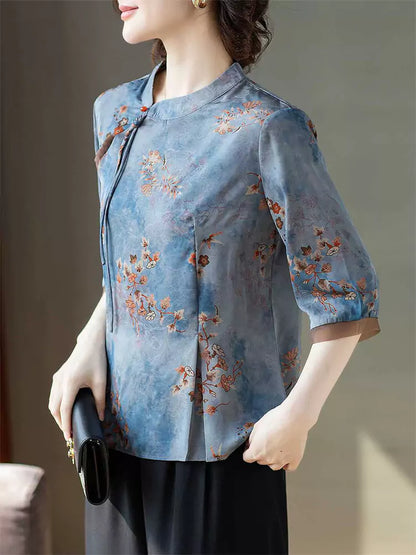 Vintage-Bluse mit Stehkragen und Print, halben Ärmeln für Damen