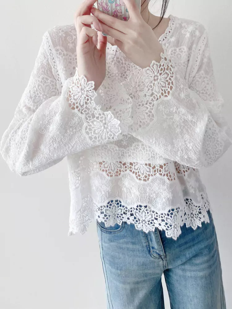 Jacquard-besticktes, weißes Baumwollspitzen-Pullover-Top mit Lochstickerei für Damen