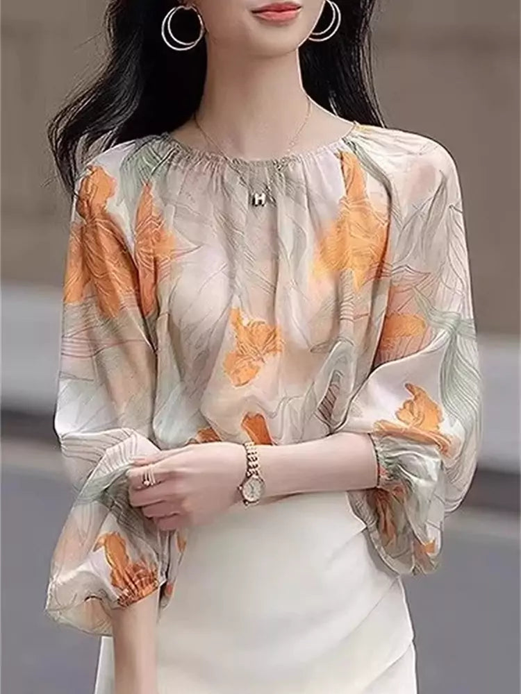 French Style Printed Round Neck Chiffon Blouse for Women Lantern Sleeve