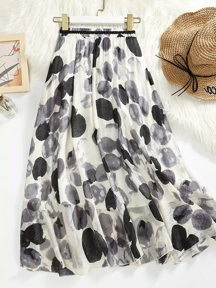 Double-Layer Ramie A-Line Flared Skirt with Polka Dot