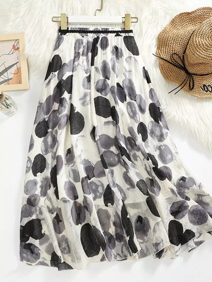 Doppellagiger A-Linien-Rock aus Ramie mit Polka-Dot-Muster