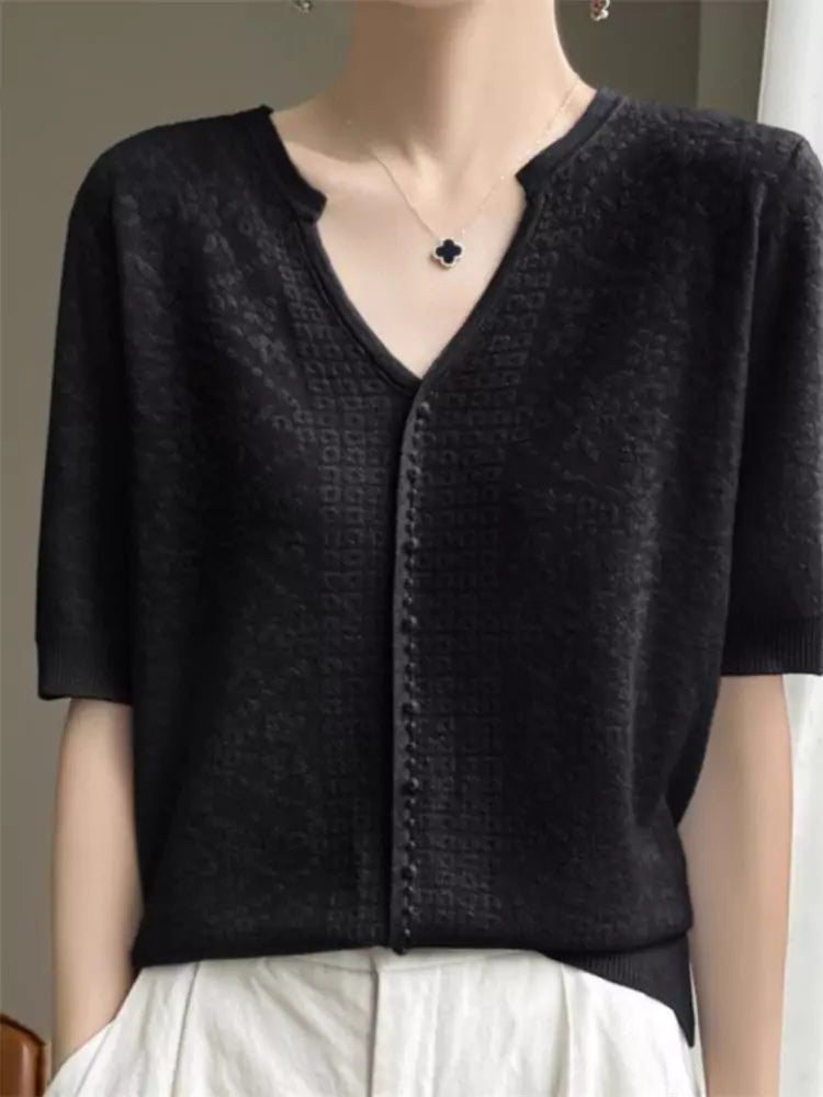 Elegant Beige V-Neck Beaded Pullover Blouse for Women