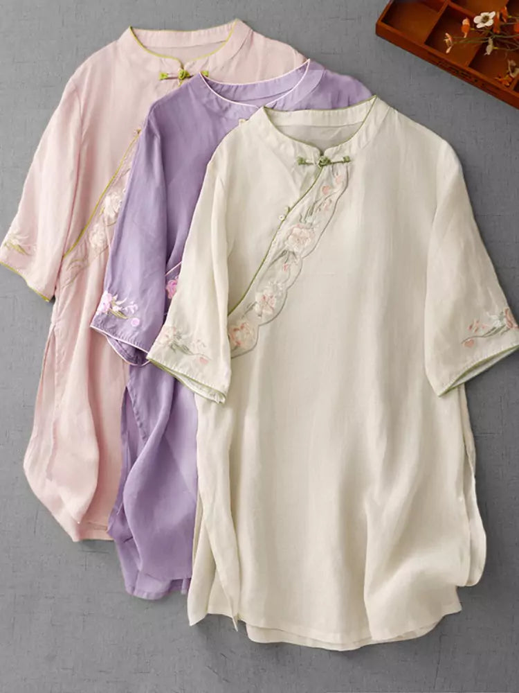 Vintage-Bluse aus Baumwoll-Leinen-Mischgewebe mit diagonal verlaufender, bestickter Knopfleiste in Rosa für Damen
