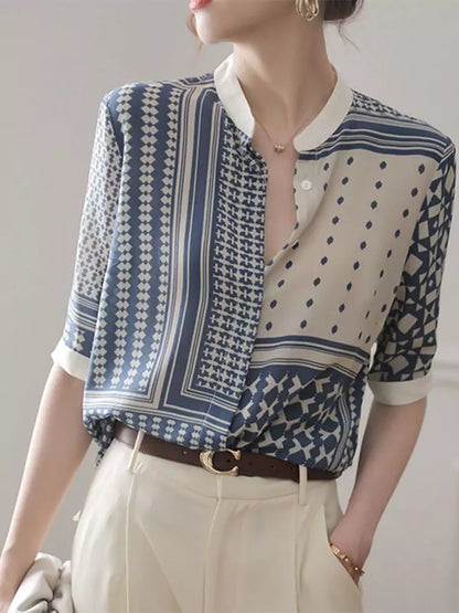 French Style Blue Stand Collar Chiffon Blouse with Vintage Print for Women Short Sleeve