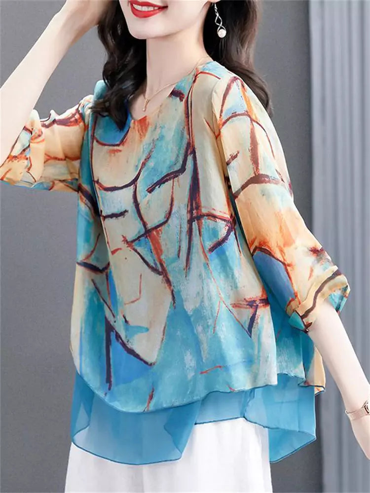Elegant Plus Size Chiffon Printed Blouse with 3/4 Sleeves for Women
