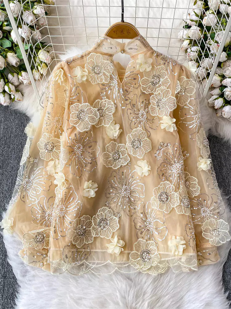 French Court Style Sheer Beaded Sequin Blouse with 3D Floral Embellishments for Women