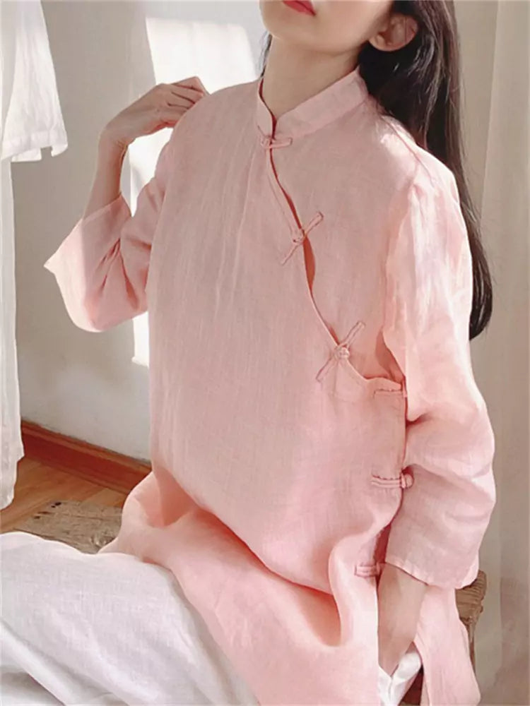 New Chinese Style Diagonal Placket Linen Blouse for Women