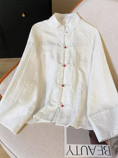Vintage-Bluse im chinesischen Stil mit Jacquard-Muster, Stehkragen und Knopfleiste für Damen