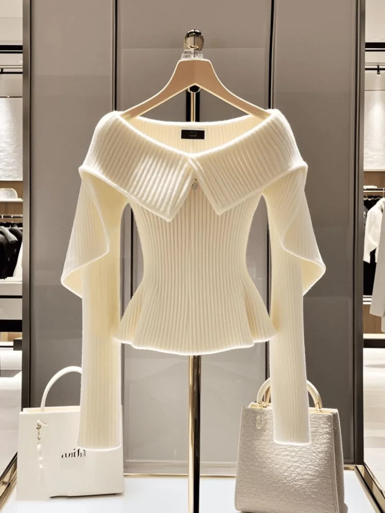 Elegant White Ruffle Off-Shoulder Long Sleeve Knit Sweater for Women