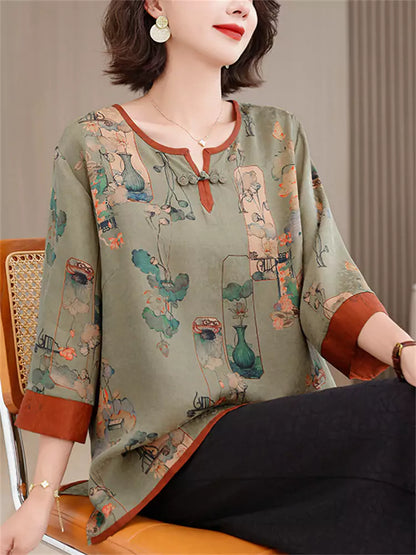 Neue, locker geschnittene Bluse im chinesischen Stil mit Print und 3/4-Ärmeln für Damen