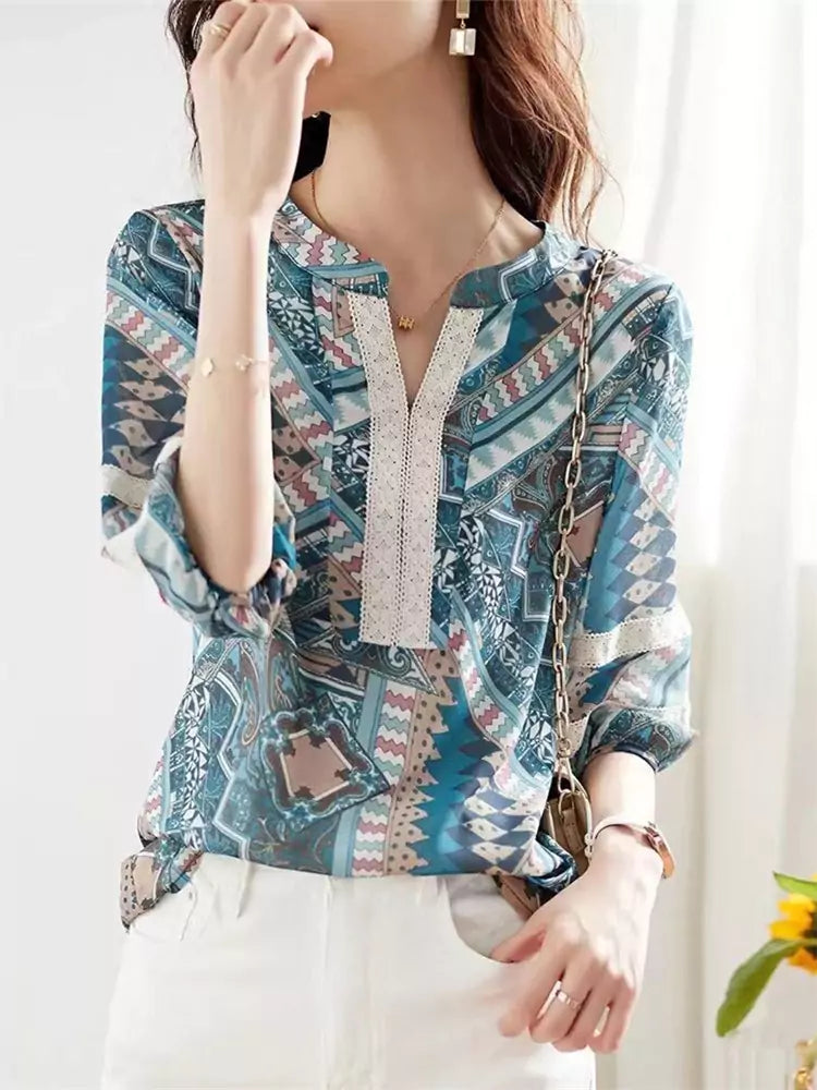 Bohemian Style Lightweight V-Neck Blouse with Lace Trim for Women