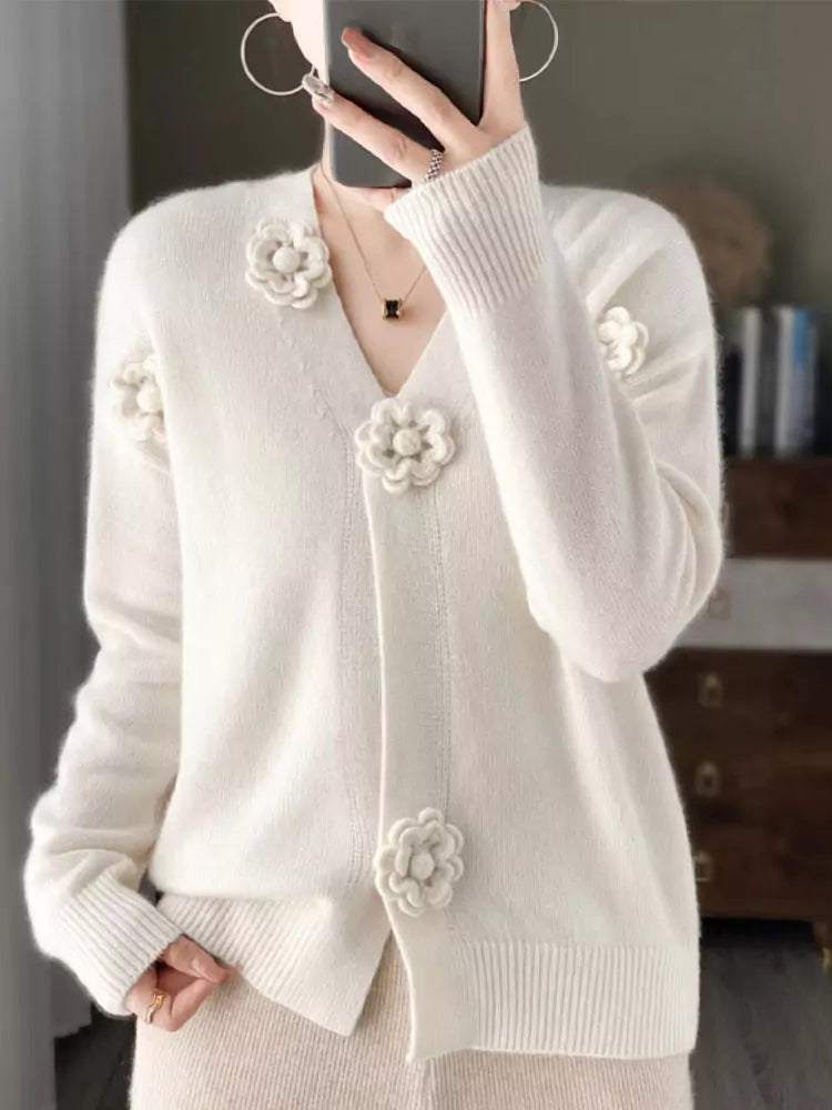 Romantischer V-Ausschnitt, 3D-Häkelstickerei, Strickcardigan für Damen