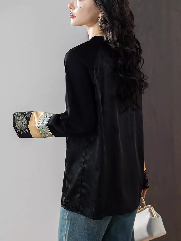 New Chinese Style Jacquard Embroidered Round Neck Long Sleeve Blouse for Women