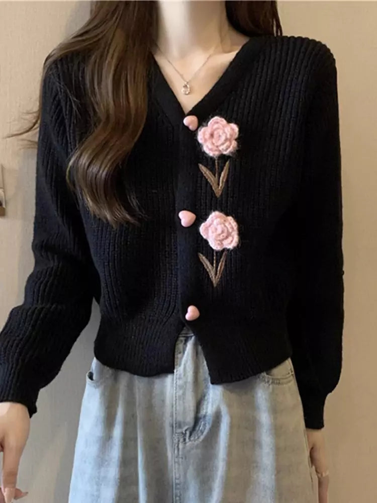 Vintage-Inspired V-Neck Crochet Floral Knit Cardigan for Women