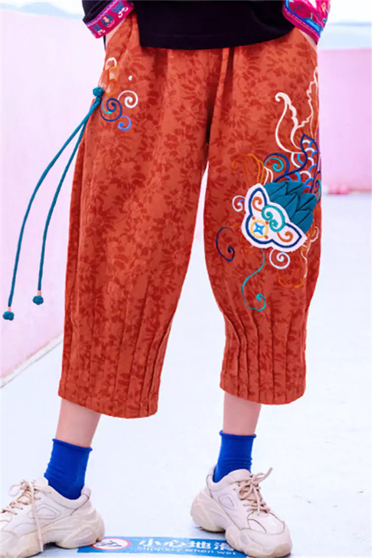 Pantalones bombachos holgados con bordados estilo bohemio para mujer