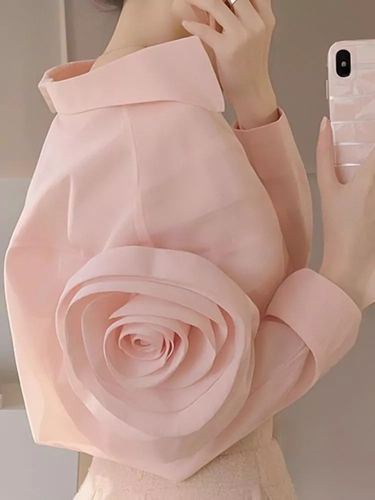 French Style Pink 3D Floral Embellished Elegant Summer Blouse for Women