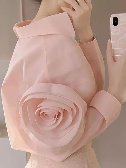 Elegante Sommerbluse im französischen Stil, rosa, mit 3D-Blumenapplikationen, für Damen