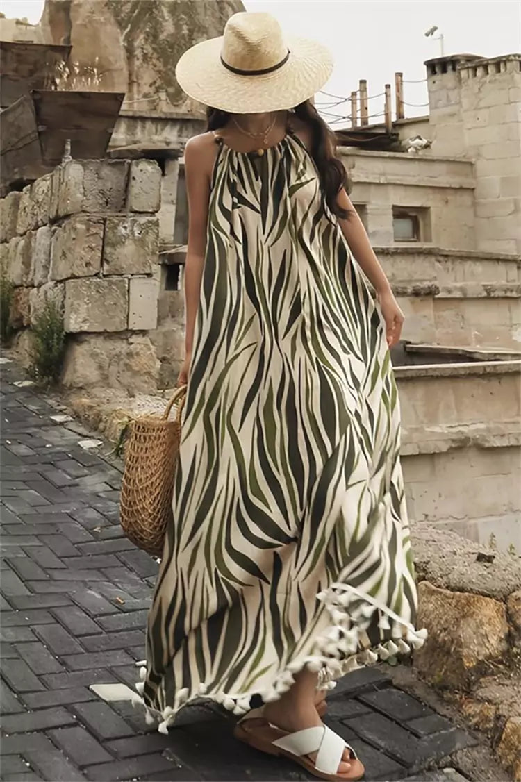 Maxikleid im französischen Stil mit Streifenmuster, Quasten und Spaghettiträgern für Damen