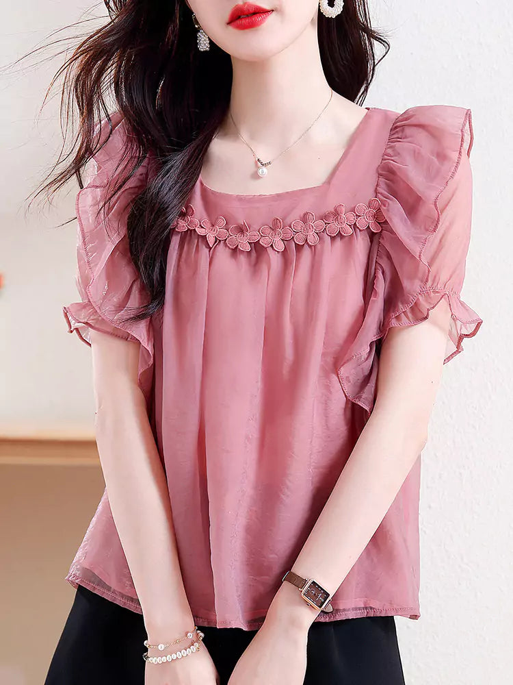 Elegante rosa Chiffon-Spitzenbluse mit kurzen Ärmeln für Damen