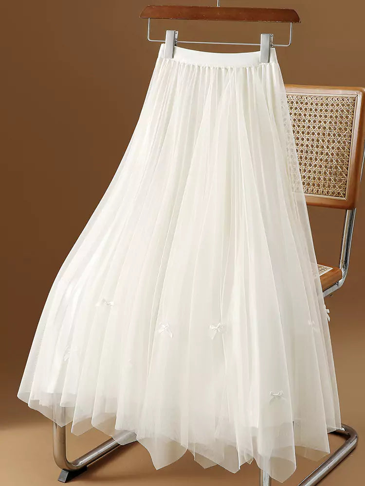 Hochwertiger, beidseitig tragbarer Tüllrock mit Schleife, unregelmäßigem Saum und A-Linien-Schnitt für Damen