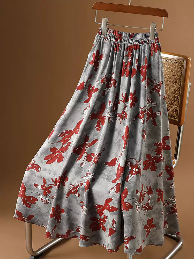 Sommerlicher gelber, geblümter A-Linien-Rock mit hohem Bund und Taschen für Damen