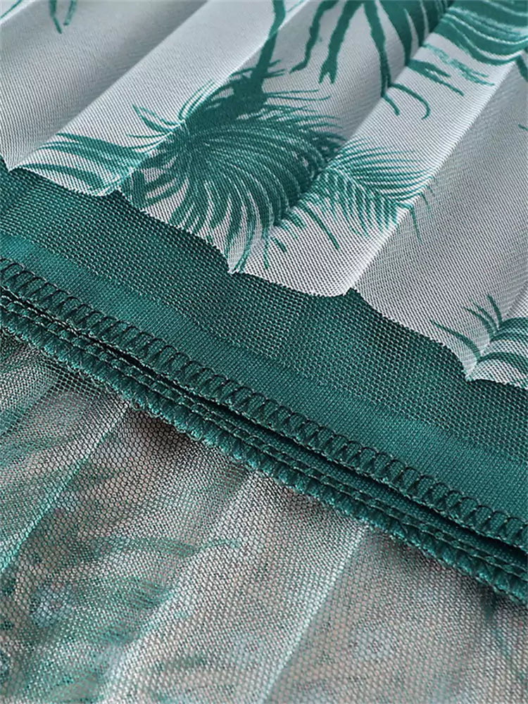 Blauer Ombré-Plissee-Midirock aus Mesh für Damen – Bedrucktes A-Linien-Design mit figurformender Wirkung