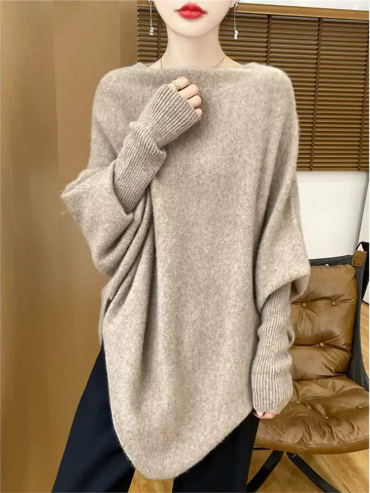Wool Knit Camel Boat Neck Poncho Sweater – Loose Pullover Mid-Length Shawl for Autumn & Winter