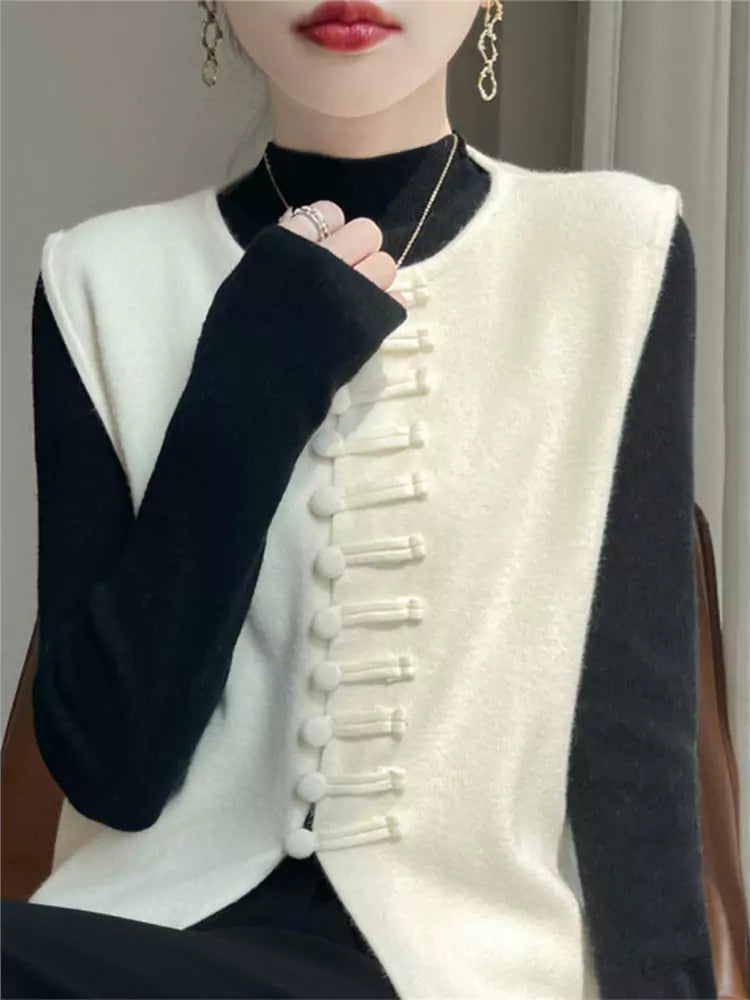 Nuevo chaleco de punto estilo chino color camello para mujer, otoño/invierno, sin mangas, holgado, con cierre de botón de rana
