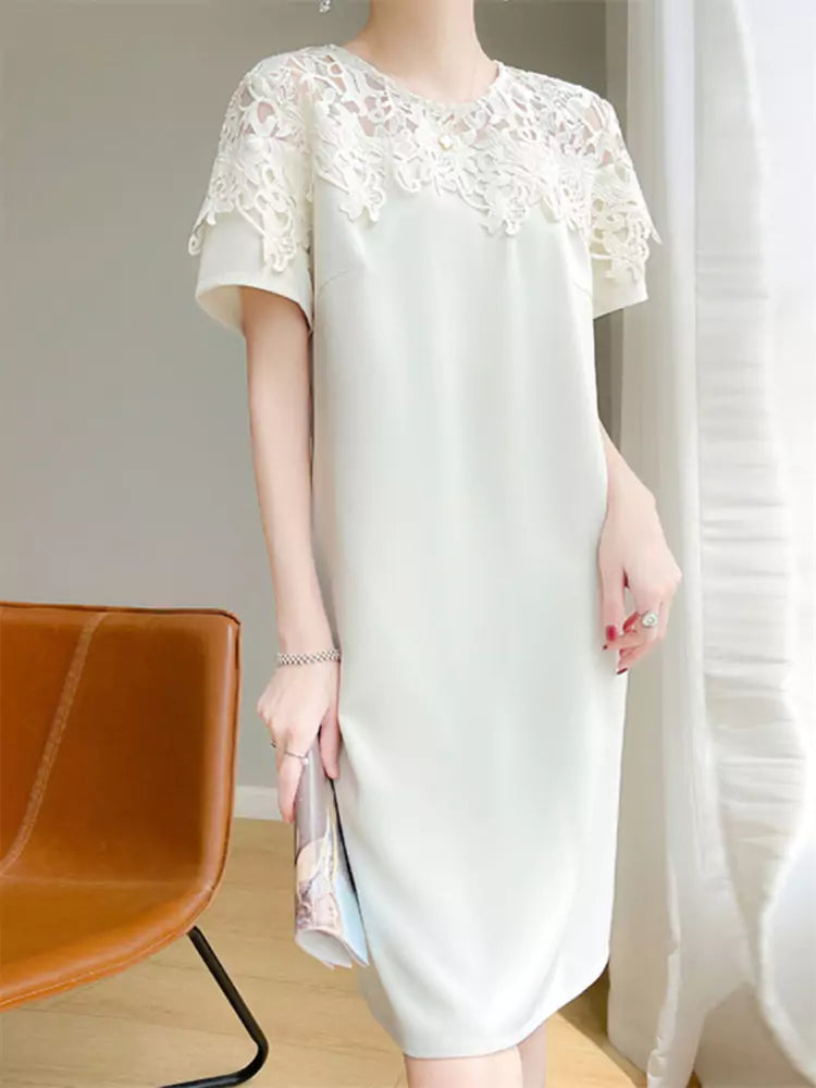 Vestido negro de acetato y encaje de seda para mujer: elegante vestido midi de manga corta.