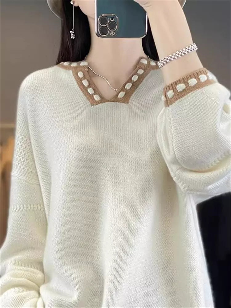 Colorblock Long Knit Sweater for Women – Cozy Oversized Mid-Length Pullover