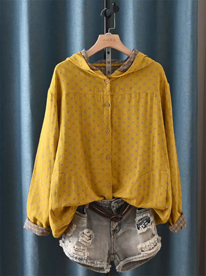 Comfortable Casual Double-Layer Cotton Gauze Checkered Printed Jacket with Hood for Women