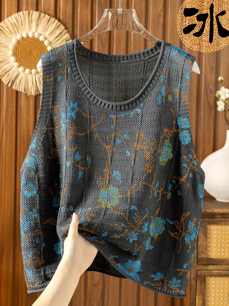 Locker geschnittene, leichte Strickweste aus bedruckter Eisseide für Damen