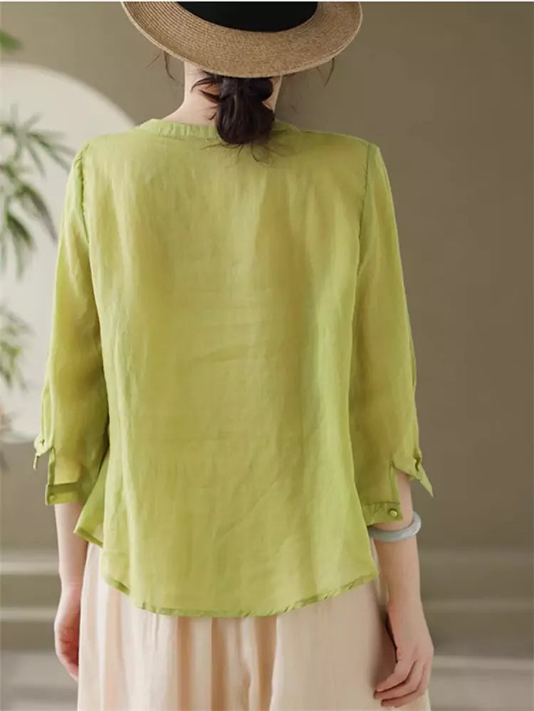 Vintage Chinese Style Green Asymmetric Placket Embroidered  Ramie Top for Women