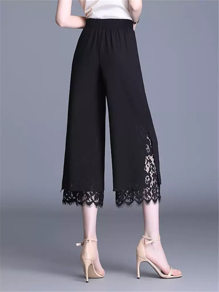Pantalones rectos cortos de cintura alta con encaje y retazos de gasa elegantes para mujer