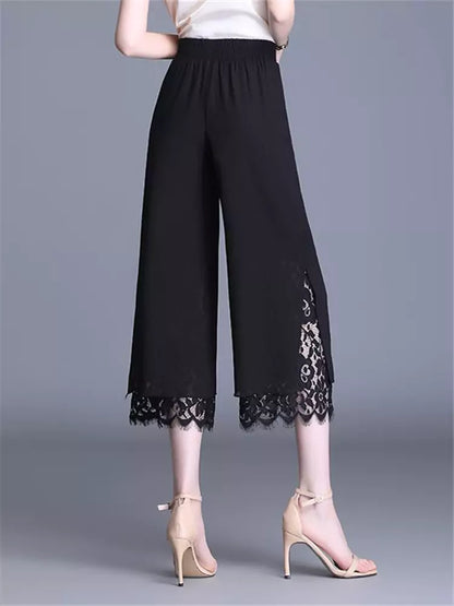 Pantalones rectos cortos de cintura alta con encaje y retazos de gasa elegantes para mujer