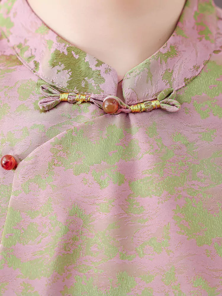 New Chinese Style Plus Size Mulberry Silk Mandarin Collar Top with Traditional Knot Buttons