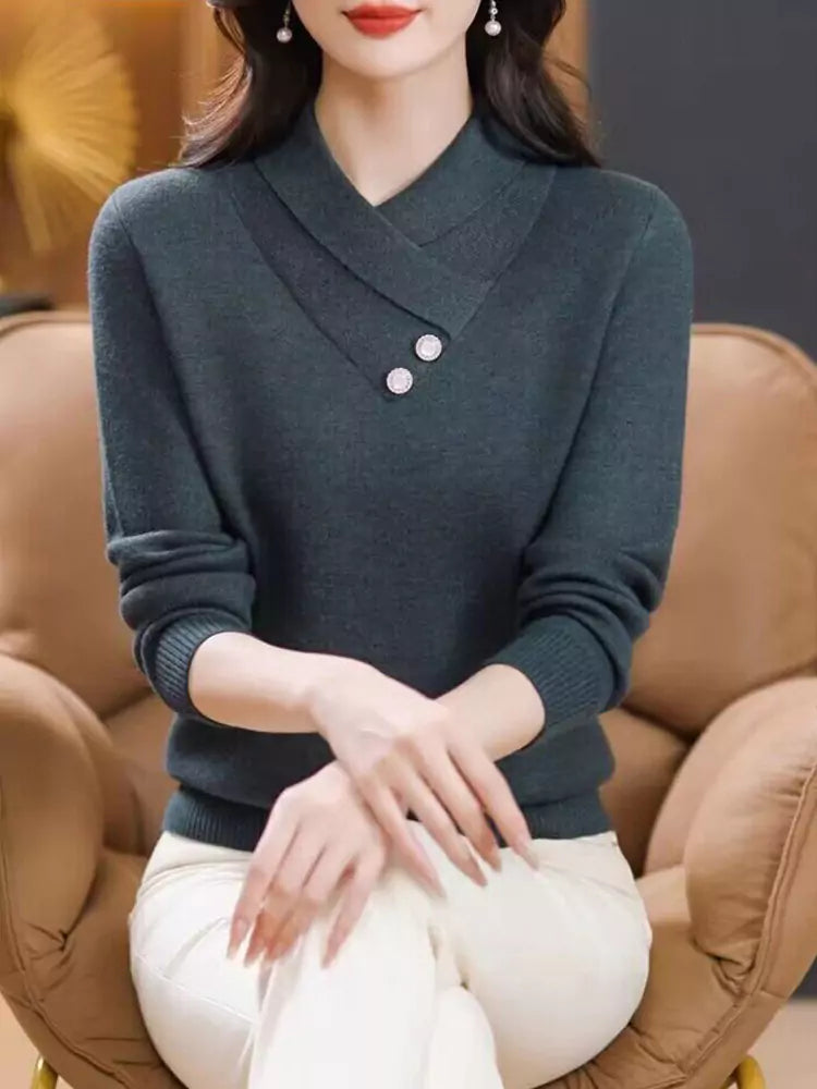 French Style Elegant Cross Collar Knit Sweater for Women