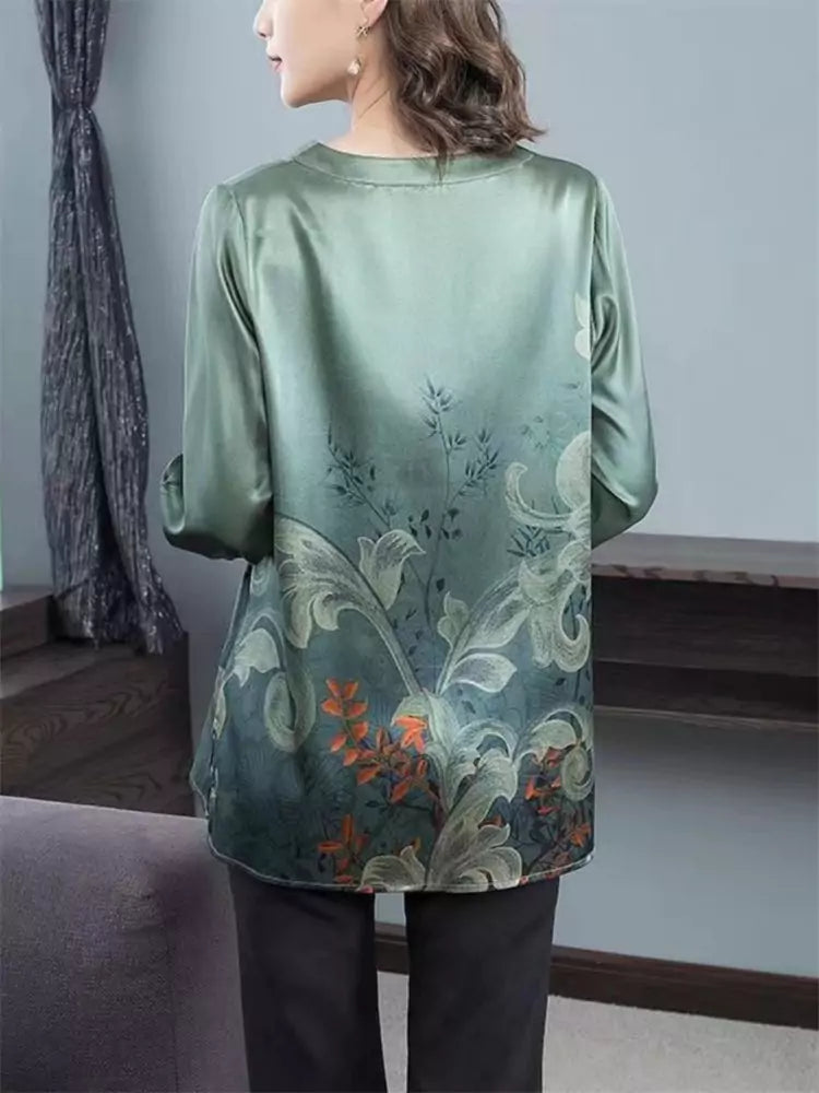 Plus Size Loose Fit Printed Mulberry Silk Blouse for Women