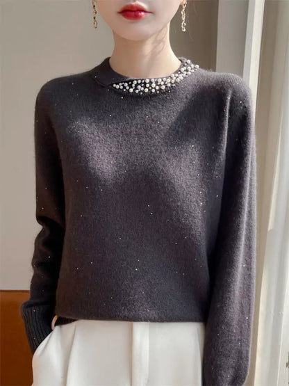 Suéter vintage de punto cálido con cuentas para mujer