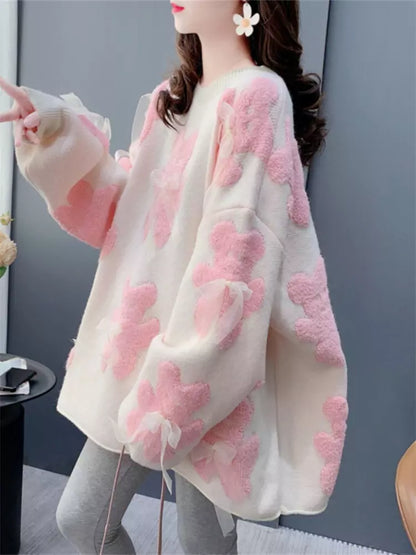 Suéter elegante de cuello redondo con lazo y oso para mujer: prendas de punto cómodas y elegantes