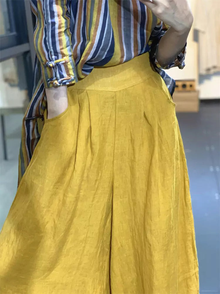 Artistic Minimalist Solid Color Pleated Culottes – Loose Fit Linen Wide-Leg Pants for Women