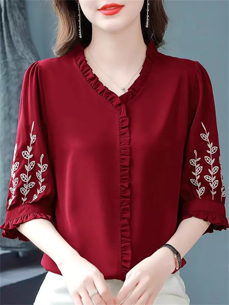 Elegant Plus Size Embroidered Ruffle Trim Loose Fit Chiffon Blouse with 3/4 Sleeves for Women