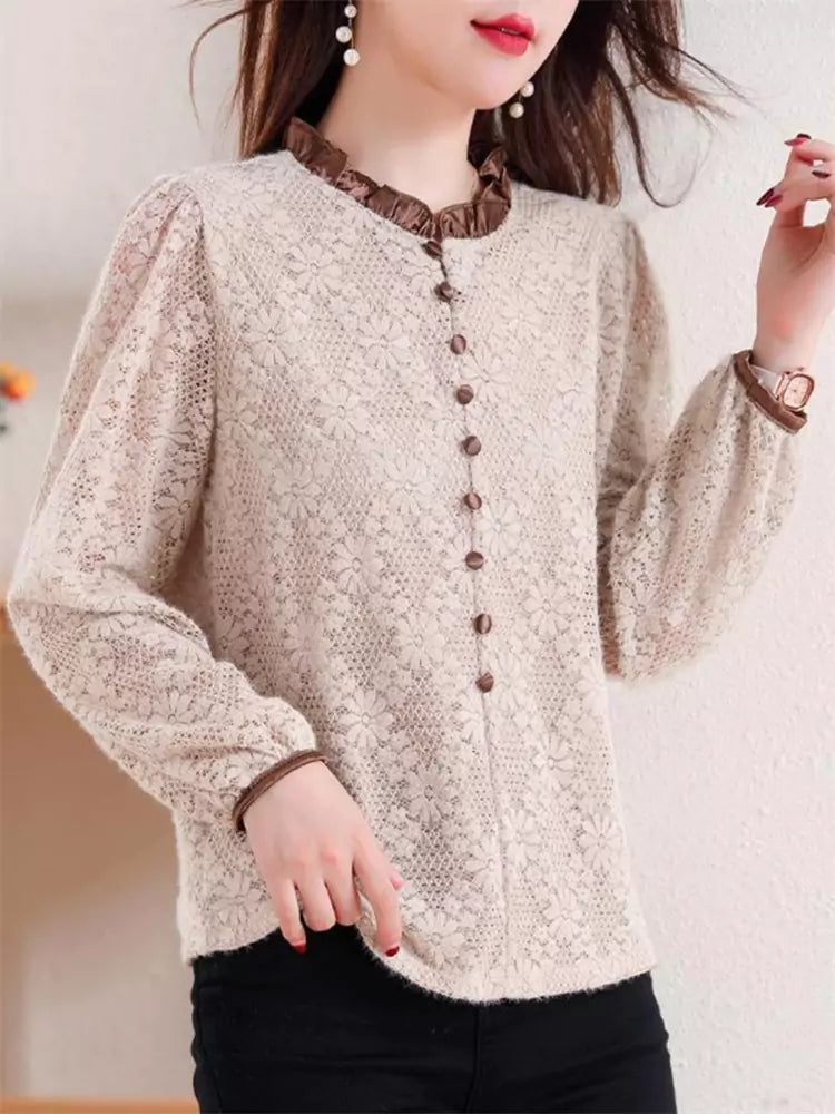 Elegante camisa de jacquard de manga larga estilo francés con cuello con volantes para mujer