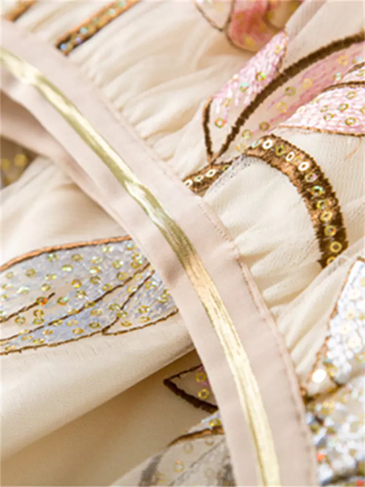 Modischer Pailletten- und Schmetterlingsstickerei-Tüll-Midirock in A-Linie für Damen