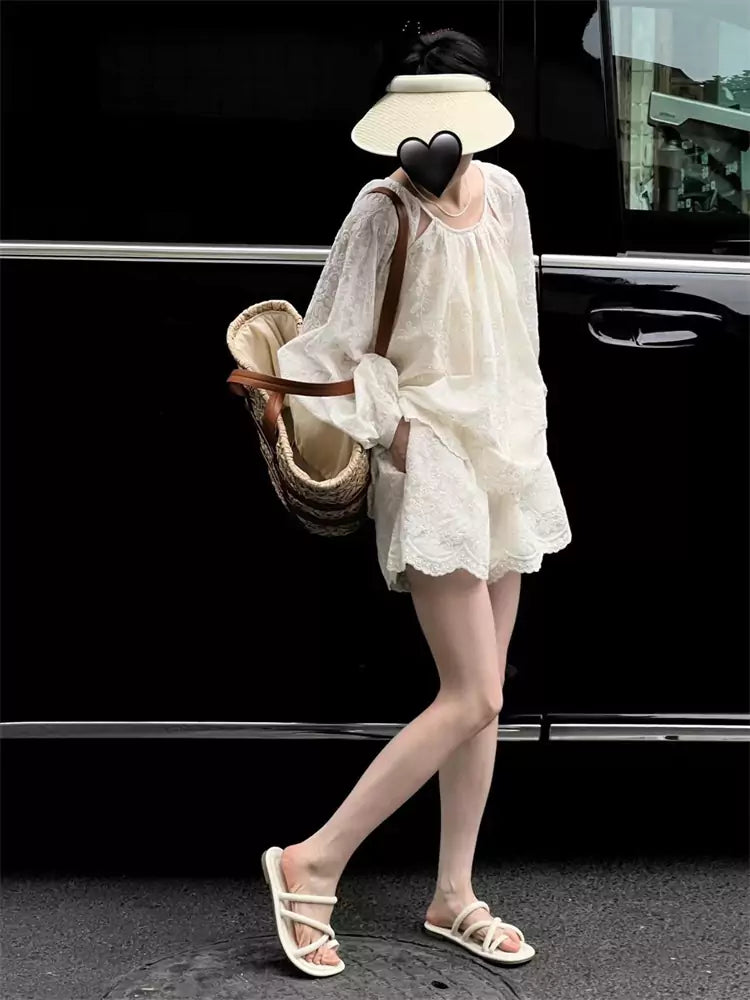 French Style Embroidered White Lace Two-Piece Set for Women