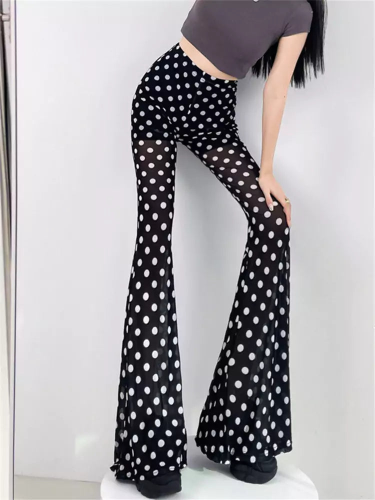 Pantalones acampanados de cintura alta con lunares y malla transparente de verano para mujer