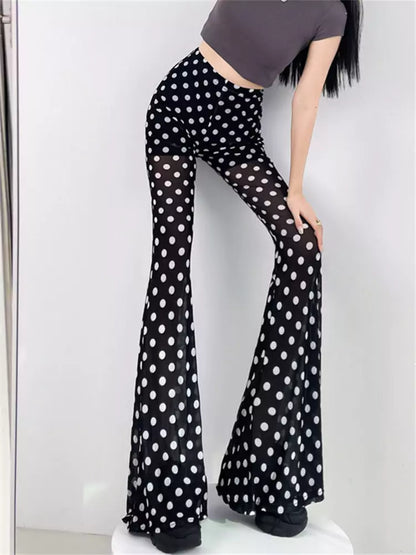 Pantalones acampanados de cintura alta con lunares y malla transparente de verano para mujer