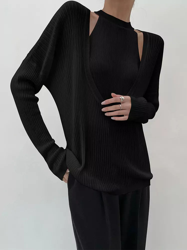 Conjunto de dos piezas de camiseta de tirantes de punto con cuello halter y jersey holgado con cuello en U para mujer